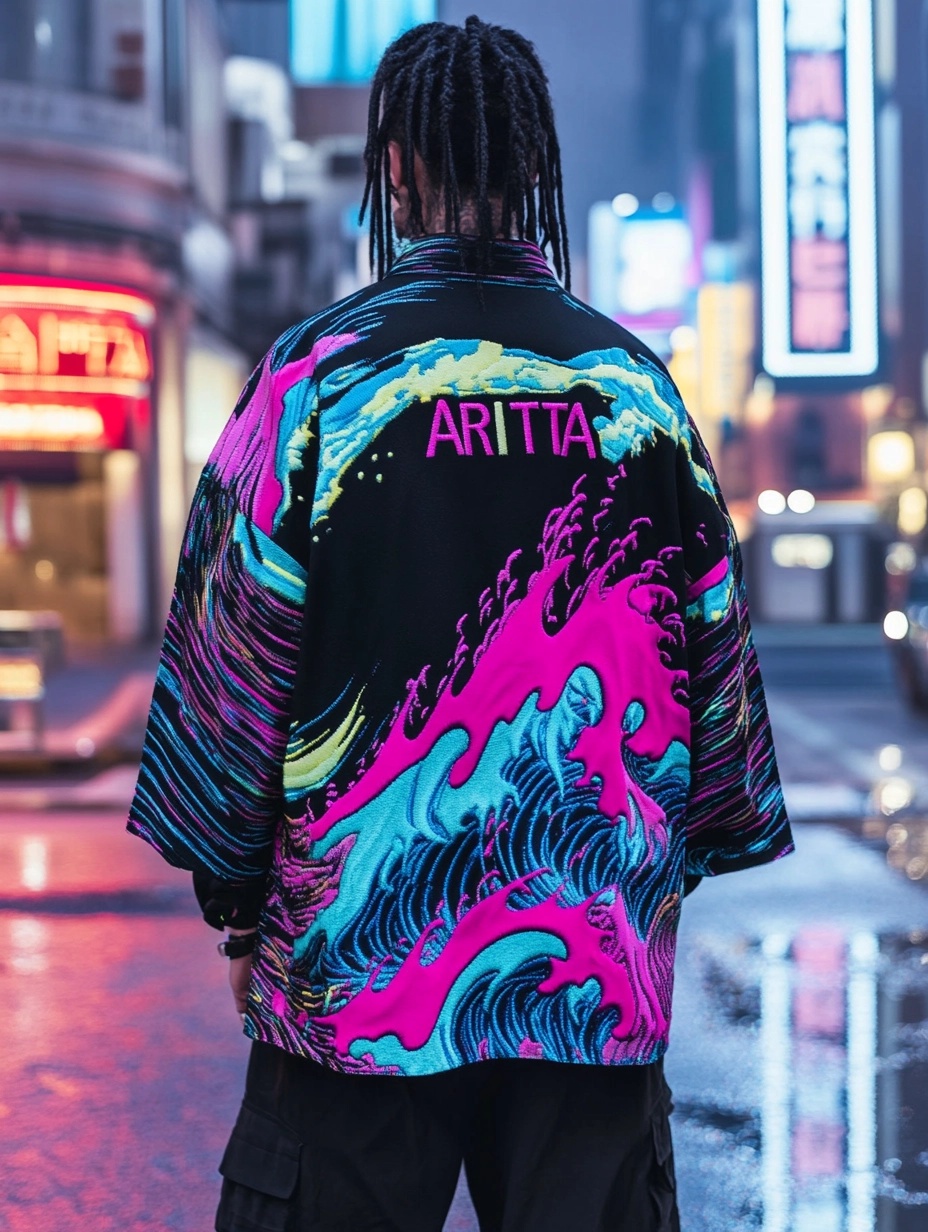 Model wearing an ARITTA wave shirt in a neon city at night