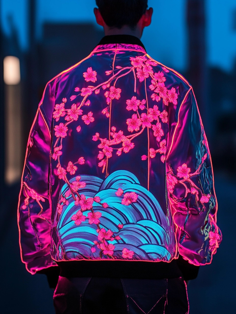 Back view of an ARITTA cherry blossom jacket under pink and blue lighting