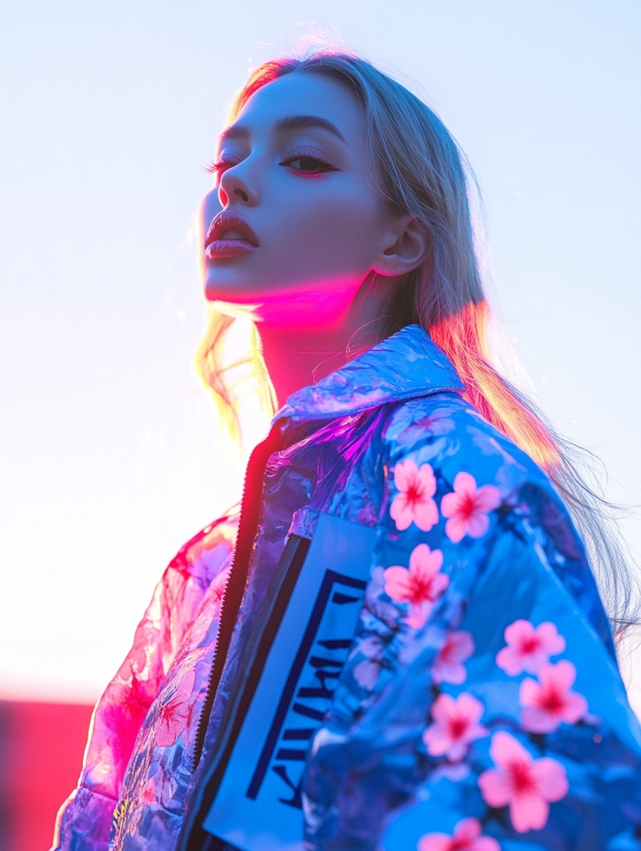 Portrait of a model wearing a blue ARITTA floral jacket in vivid light