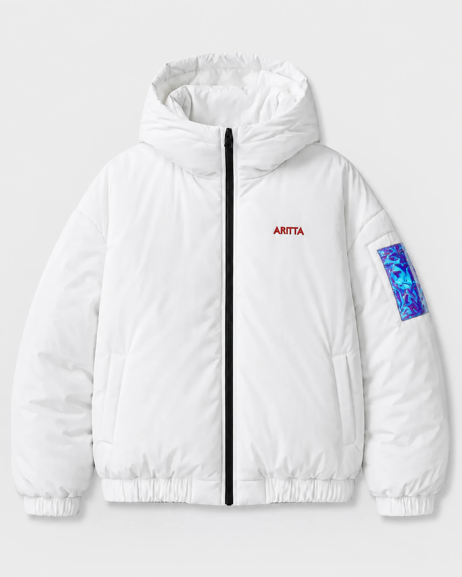 Front view of the white ARITTA technical puffer jacket