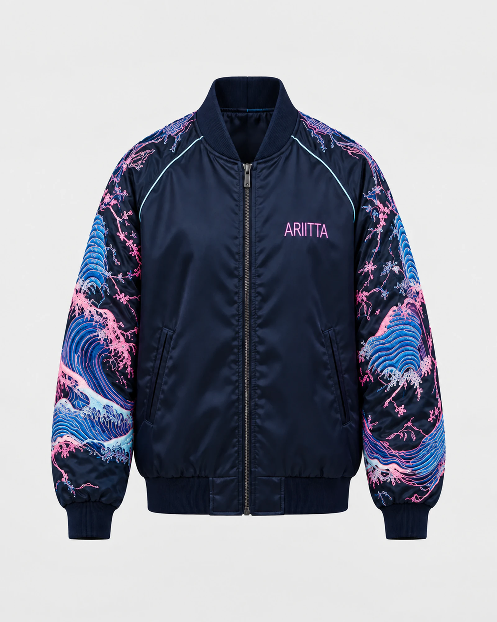 Front view of the navy ARITTA bomber with embroidered wave sleeves