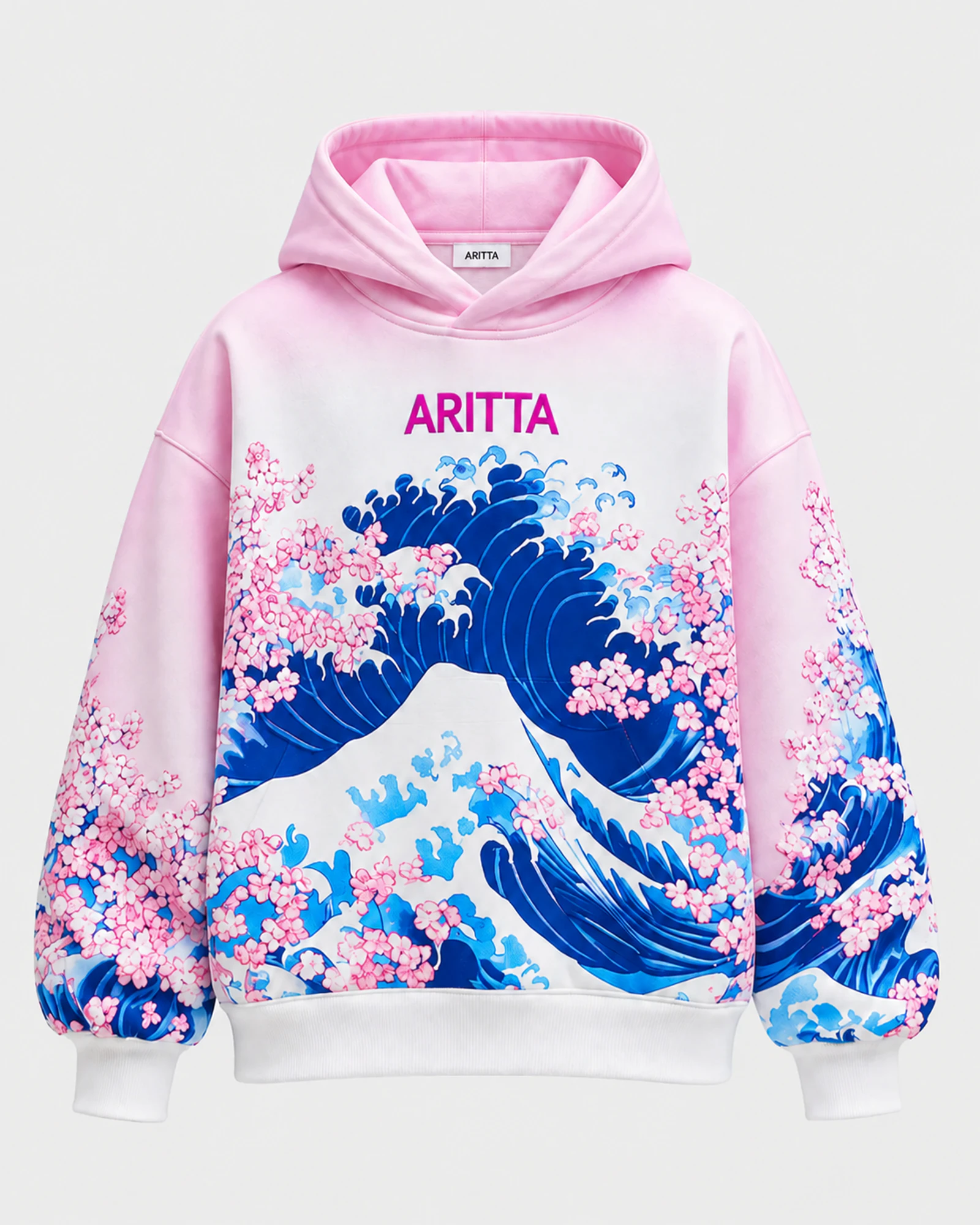 Front view of the pink ARITTA hoodie with blue waves and cherry blossoms